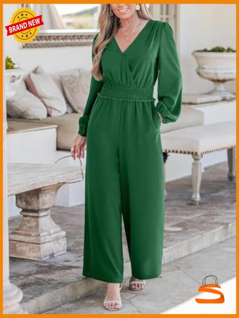 Long Sleeve Jumpsuit Dressy Smocked Waist V Neck Wide Leg Flowy One Piece - Picture 4 of 7